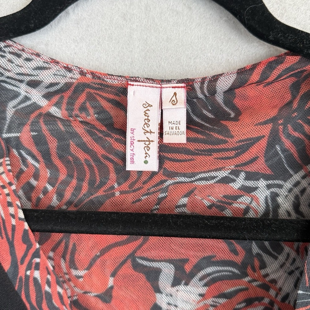 Sweat Pea by‎ Stacy Frati Red Orange Floral Babydoll Mesh Shirt Long Sleeve Sz S - Picture 5 of 6